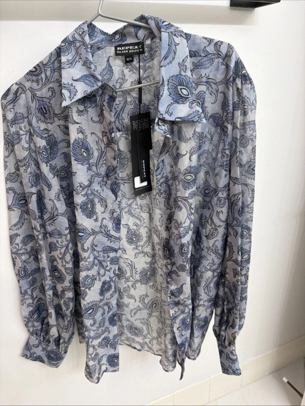Repeat Silver Edition Cotton & Silk Floral Blouse Women's SZ 42L  Dusty Blue NWT